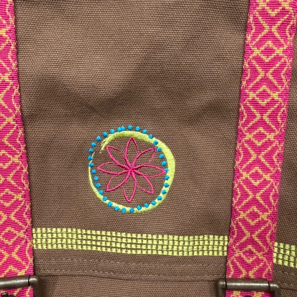American Girl Brown Canvas Messenger Crossbody Bag Pink Yellow Embroidery Kids